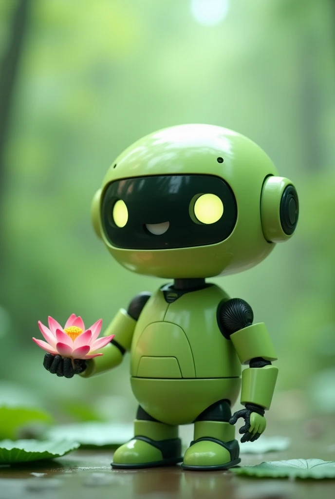 Light green chubby friendly robot with a lotus flower in the palm of its open hand looking straight ahead