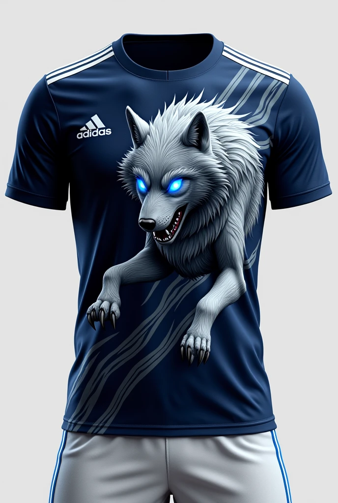 A dynamic and modern football uniform. The shirt is dark blue with white details., including a stylish striped pattern on the shoulders and sides. In the center of the chest, a stylized wolf, fierce looking and in attack position, It is printed in grey and white tones, standing out against the blue background. The wolf has bright blue eyes that capture attention. The shorts are white with blue lines on the sides., complementing the design of the t-shirt. The stockings are dark blue with white details., completing the set.