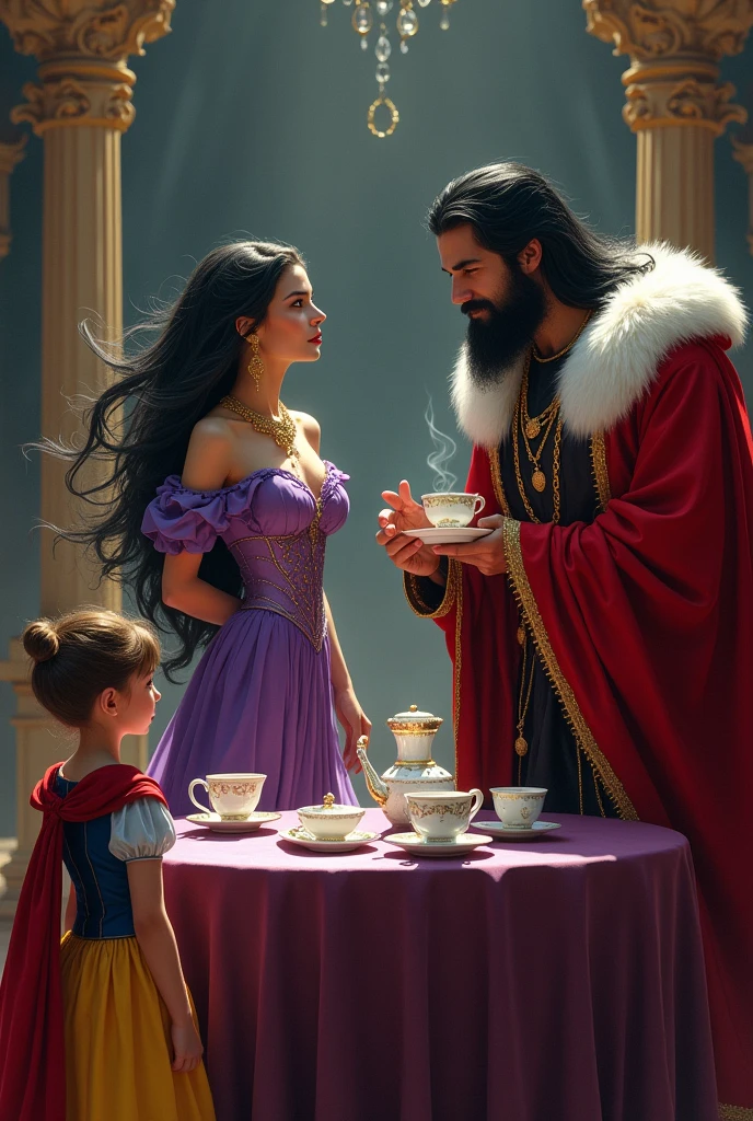 A beautiful evil sorceress with black hair and a purple dress having tea with a king with black hair and a black beard, and wearing red clothes, yellow and blue. A little princess in a blue corset dress, yellow skirt, red cape has black hair and watches the scene