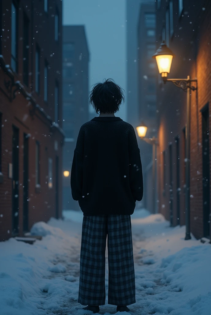 A guy with black, tousled hair down to his chin, stands in a snowy alley, between high-rise buildings in the city, at night in the small light of lamps on poles, dressed in wide checkered pants and a large black sweater