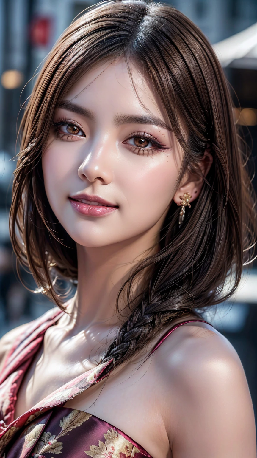 (Photorealistic realism 16K quality), ((ultra insanel quality 16K, professional digital art:1.2)), ((focus sharp on extremely Realistic Proportion Body, Anatomically Correct:1.2)), Beautiful Girl, Half Body Portrait, Black Eye Shadow, ((Street Style Wear:1.35) )), (city background:1.25), finer details, intricate, beautiful details glow, (super details beautiful, slim and sharp features), (bright pale complexion). break, (insanely detailed brown_ eyes:1.25), (tired, sleepy and satisfied:0.0), perfect round eyes, (finely detailed pupils:1.3), detailed, ((smiling, joyful face)), (perfect composition), Depth of field, cinematic light, Lens flare, dslr, best high quality soft lighting, sharp focus captured by Fujifilm XT3, f 5.6, in a dramatic lighting, ((Best Quality)) ,((masterpiece)), intricate details, dry skin, best high quality real texture skin, (A woman with velvety skin:1.3), (best high quality real texture hair), (blonde hair(wavy combed up, behind the ear:1.22)), (firm big full breasts), (slim muscled body), she is the embodiment of beauty and allure, ((Dressed in a breath taking, silk Dolce & Gabbana.Floral dress:1.3)), elegant fashion intricately detailed:1.28), floral couture, (clothes made of silk and flower:1.3), 3/5 long, (closeup to her face)