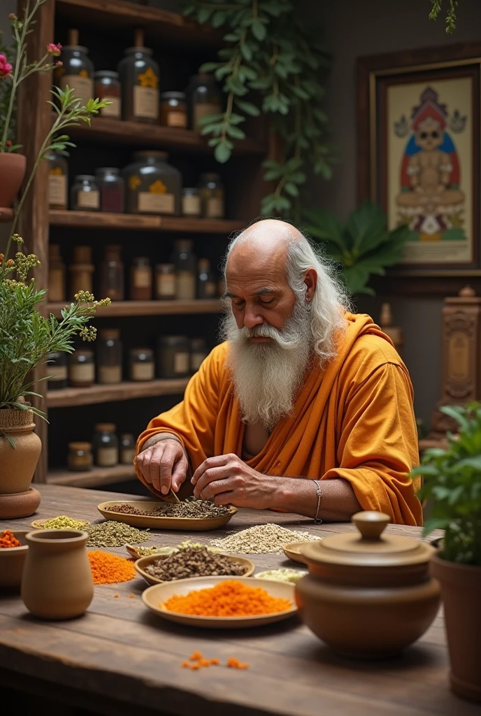 An ayurveda acharya making medicinal herbs of ayurveda with straight view