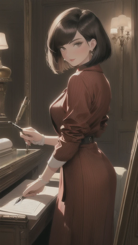 Best quality, 1girl, mature woman, Soft Bob haircut, arafed woman in a brown jacket and red shirt holding a Fountain Pen, inspired by Evaline Ness, dressed like in the 1940s, inspired in balthus, in the style dora maar, twin peaks style, gloves and jewelry. motion, dystopian retro 1940s vibe, classic desk room interior,