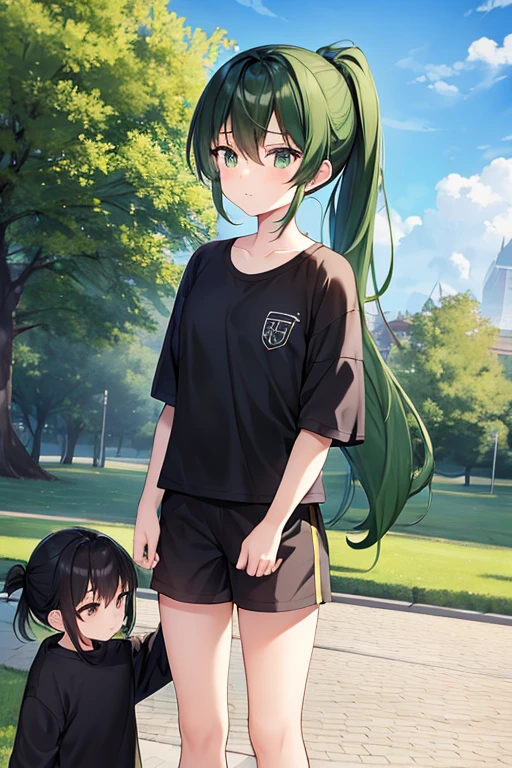 in the park, girl, tall athletic build, long dark green hair tied into a short ponytail, black clotches, holding a 4 years ch