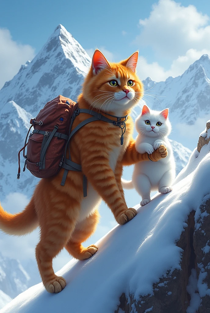 big fat orange cat and white beautiful cat climbing in mount Everest nepal while holding hands facing tough situation. 
