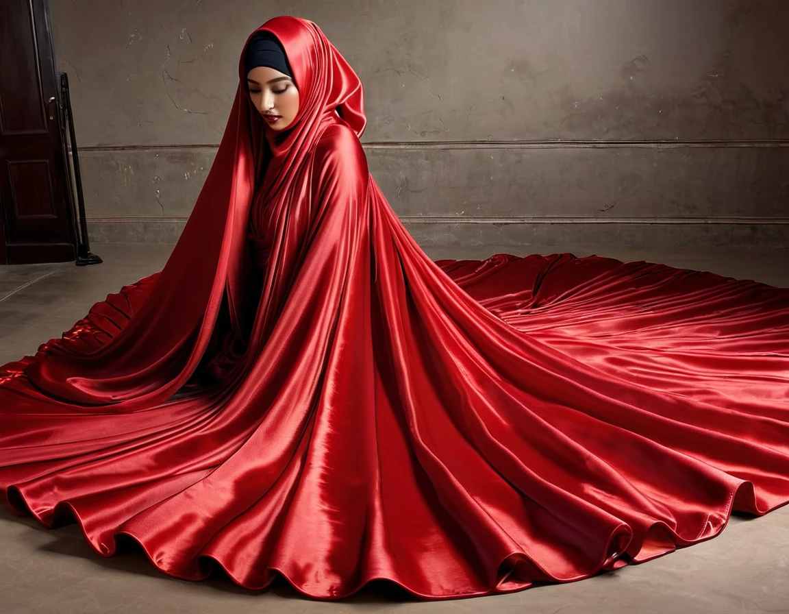 A woman shrouded in a 4-meter-long, plush red satin cloth, tightly bound and grandly draping along the form of her body, flowing off into a pooled floor-length train, styled in a mermaid-inspired outfit, her head modestly veiled in a satin hijab, a full-body pose conveying a sense of mysterious elegance, in luxury bed room, mosquito net, captured in a 4k resolution, ultra-realistic