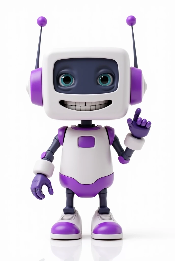 cute white and purple robot, with square head and antennas, Grinning, making a presentation in 3d cartoon format transparent background