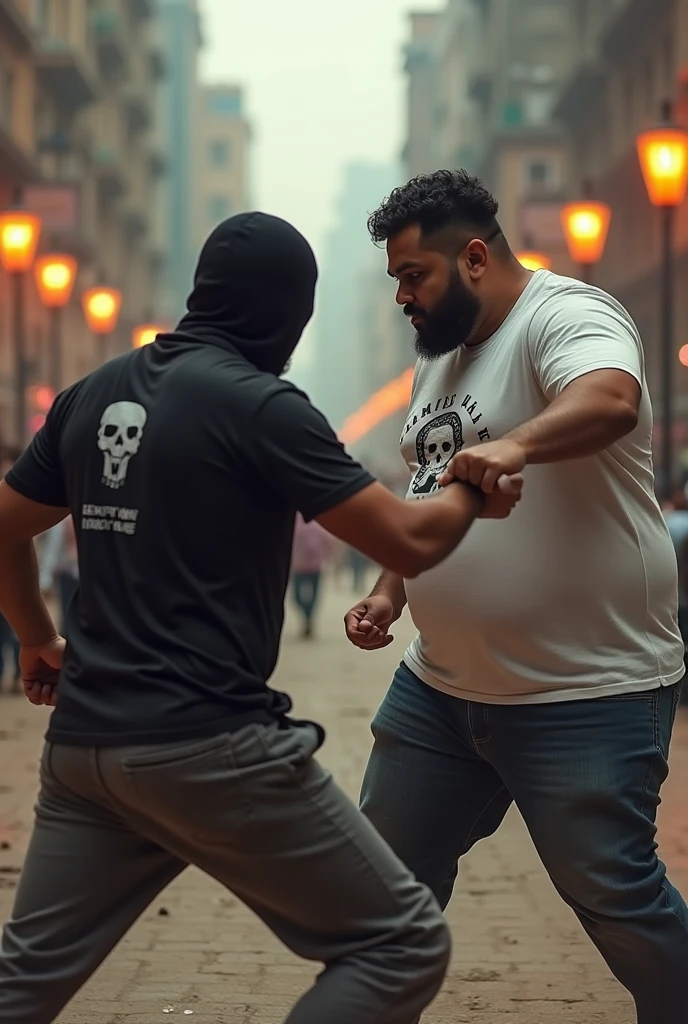 Create an AI image
Where a terrorist is fighting an fat Indian guy with a fatmoshi tshirt