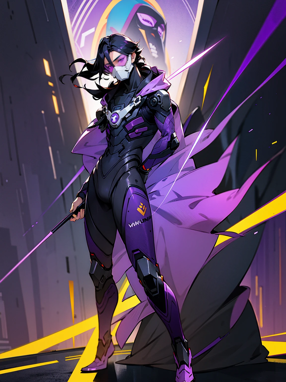 1male, hawaiian hair, black hair, purple visor, purple eyes, cloak, hood over head, robot mask, purple speed suit, tied to waist, standing on path, road, modern city, purple cloak