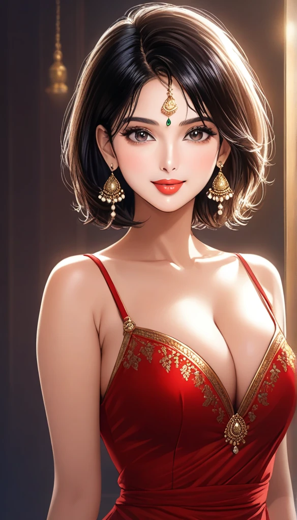 a beautiful mature indian woman, detailed intricate long jhumka earrings, smooth lips, red lipstick, smiling,mini red dress, small cleavage, hand gloves, makeup, detailed alluring eyes, bangles, blue ribbon, saggy breasts, photorealistic, (best quality,4k,8k,highres,masterpiece:1.2),ultra-detailed,(realistic,photorealistic,photo-realistic:1.37),cinematic lighting,vibrant colors,intricate details,messy short hair,bare legs 