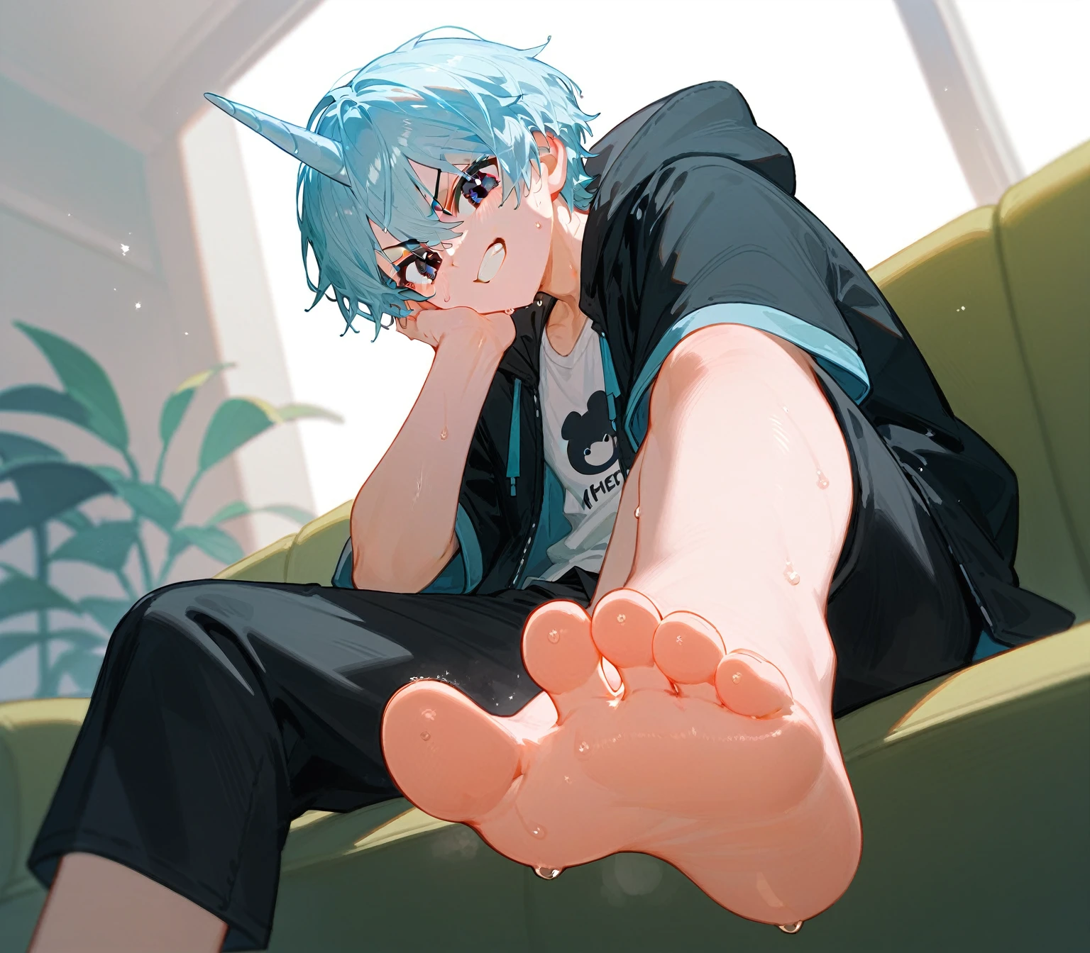 in the room，A cute boy showing his feet，angry，barefoot, Sweating on the soles of the feet, Foot Focus,White T-shirt, Black Hooded Jacket, There are bangs between the eyes,short hair,Light blue hair, Black pants, Anatomically correct, 头部中间有一个蓝色的Unicorn,Unicorn， black eyes, Look at the audience，Smiling emoticon，Correct toes