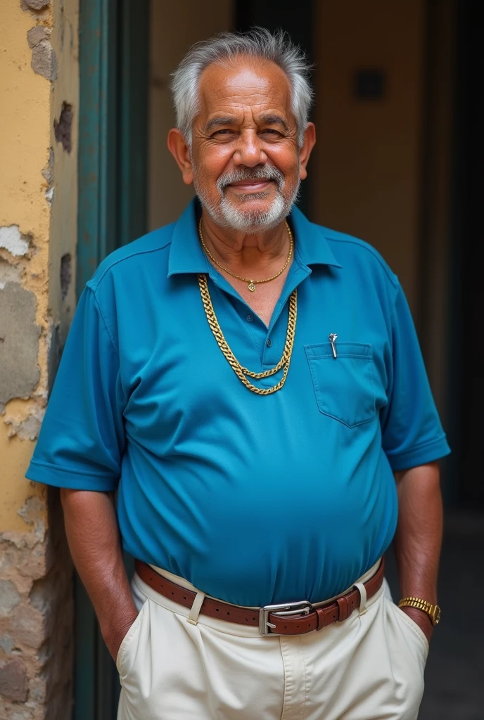 85 years old Latin American, overweight, blue shirt, white pants, gold necklace, short hair, hyper realistic