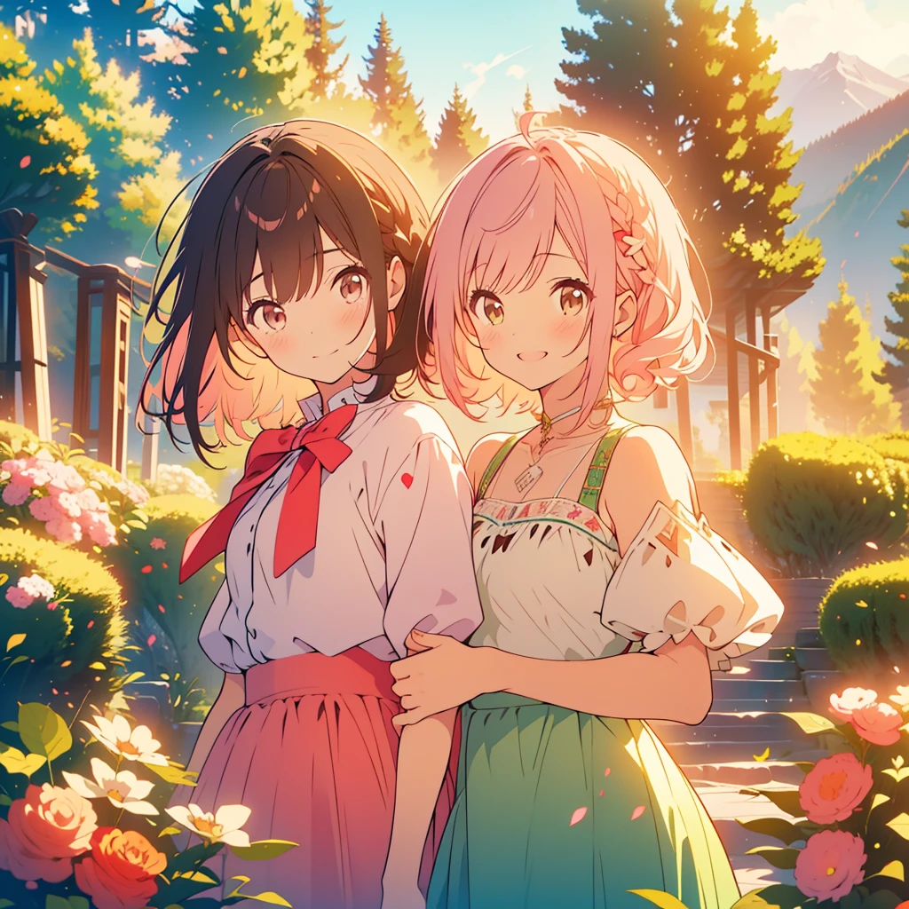kawaii, anime, Cute, hyper quality, highly detailed, 8k, Clarity, Draw facial expressions in detail, A young girl with short light pink hair and scarlet eyes., swiss plateau, alps mountains, rainbow, daytime, clear sky, Girl with long dark brown hair and green eyes, good friends, marriage, smile, (Let me stay by your side for the rest of my life, stay by my side for the rest of my life, and do my best to never leave you), confession, 