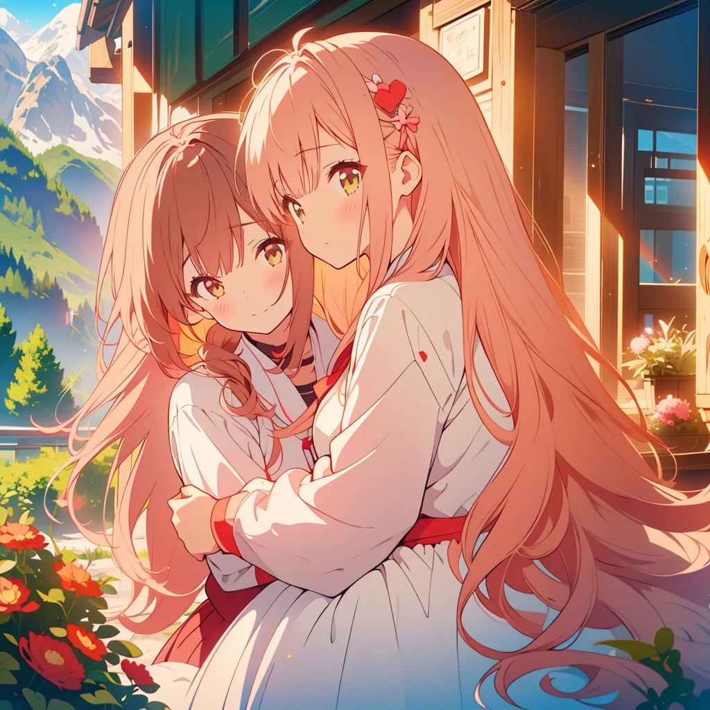 kawaii, anime, Cute, hyper quality, highly detailed, 8k, Clarity, Draw facial expressions in detail, A young girl with short light pink hair and scarlet eyes., swiss plateau, alps mountains, rainbow, daytime, clear sky, Girl with long dark brown hair and green eyes, good friends, marriage, smile, (Let me stay by your side for the rest of my life, stay by my side for the rest of my life, and do my best to never leave you), confession,