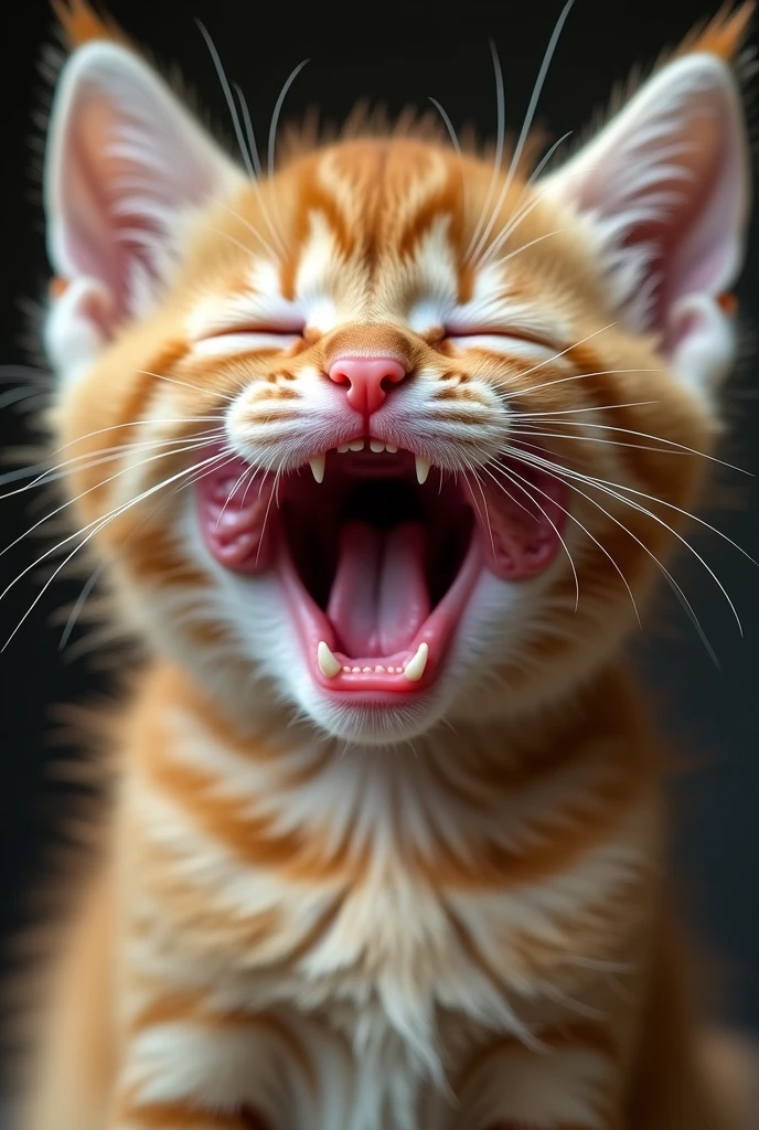 The orange fat kitten’s face is visibly swollen,and around bees especially around the cheeks, with red marks where the bee stung. Tears stream down her face as she cries from the pain, her expression one of distress and helplessness.