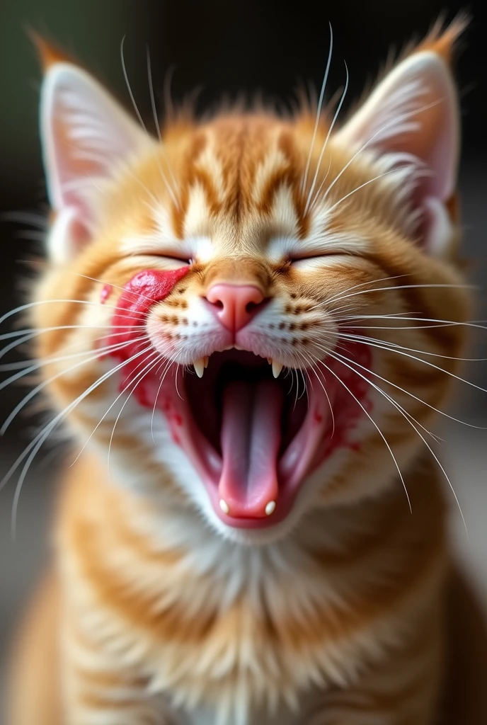 The orange fat kitten’s face is visibly swollen,and around bees especially around the cheeks, with red marks where the bee stung. Tears stream down her face as she cries from the pain, her expression one of distress and helplessness.
