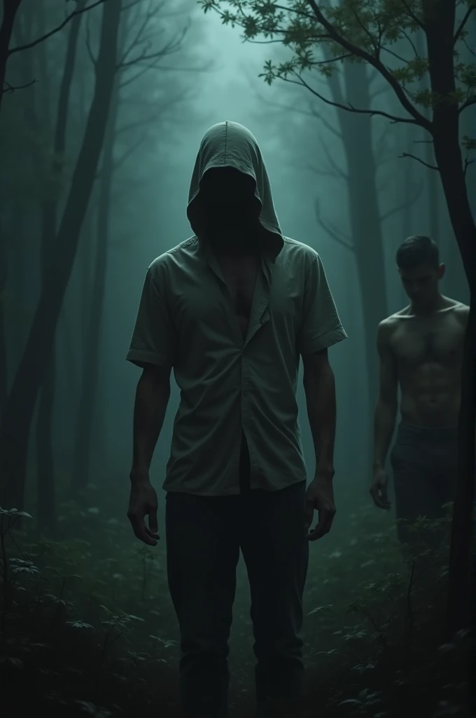 An image of a horror movie cover featuring a shirtless man with a shirt over his head, and another man in the background without a shirt and with his pants up to his chest, in a dark and scary forest