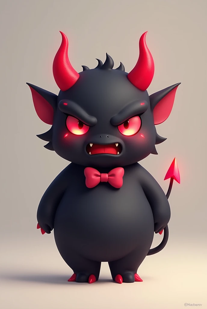 create a mascot that resembles a little devil, round with verys red horns and red eyes, black in color and wearing a pink bow, the expression is one of anger, cute semirealism