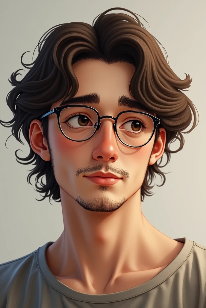 A young man with wavy hair ,with a little hair on his mustache and heel and with glasses 
