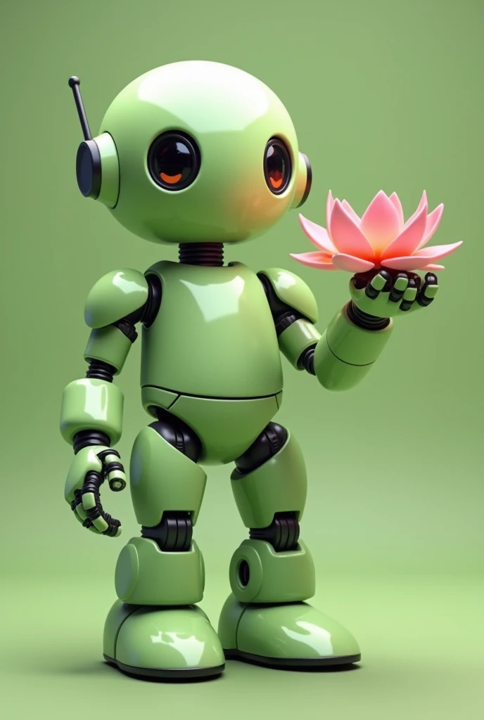 Light green chubby friendly robot with a lotus flower in the palm of its open hand looking straight ahead