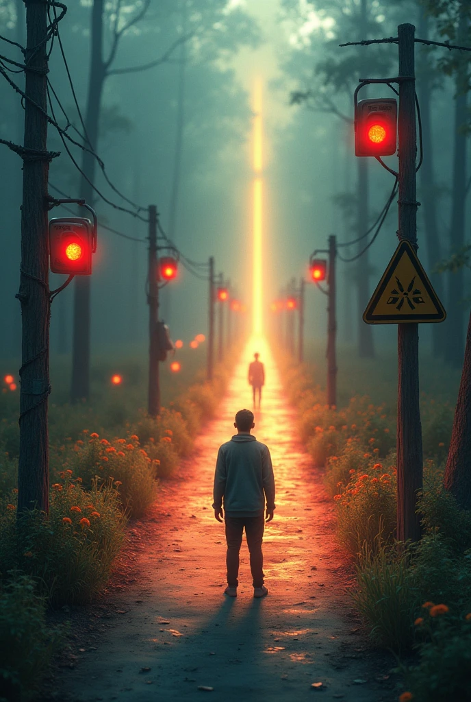  a scene where a person is standing at a crossroads, facing two roads. The left path is full of warning signs, Red lights and hazard symbols, while the path on the right is illuminated with warm colors, flowers and symbols of well-being. What is prediction and pre-decision?, the decision and the post decision are images of each one.In this picture, the environment and the signs represent logic and analysis, while the glow of the heart symbolizes the intuition and emotions that guide the decision.