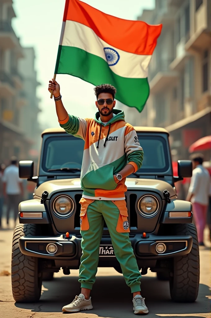 Realistic image of an Indian city road in the background. A beautiful young man stands through the hood of a Thar Jeep, holding a 15 August Indian flag. He is dressed in a 15 August-themed hoodie and pants with ‘RAJAT’ printed on the hoodie, wearing black sunglasses. The scene is vibrant and patriotic, capturing the essence of India’s Independence Day.”