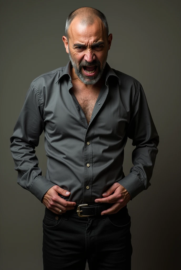 İsmail Düvenci,desperate to pee,hands on his crotch,clamping your legs,cracked teeth,black pants,grey shirt