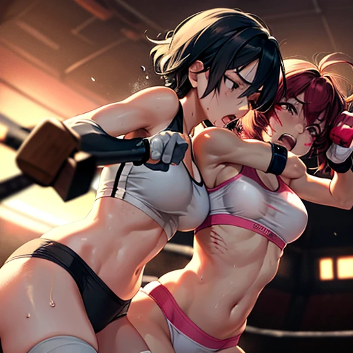 two bloody japanese girl fighters are fighting so hard in the octagon ring. The girls thrust their fists toward their opponents. they are attacking opponent's face each other by dynamic punch. they have no energy. they have short-cut black hair, shortness of breath, drool from her mouth, closed eye, exhaustion, and sweat soaked. open finger grobe. Muscularity. Six pack abs. Erect nipples. they are naked.