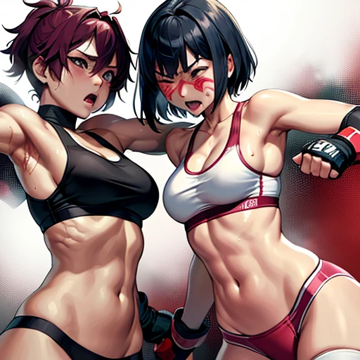 punch, punch, punch. two bloody beautiful Japanese female fighters are looking at each eyes. life or death struggle. survival battle. dynamic exciting action in the octagon fighting ring. whole body picture. they are beating each other so hard. their punches to each other's faces. they are covered in scars and bruises. they are damaged terribry. Short-cut black hair, out of breath, drooling from mouth, one eye closed, exhausted, drenched in sweat. Erect nipples. open finger glove. Ragged white and pink sports bra, high leg panty, Stockings. armwarmers. Whittled waistline,