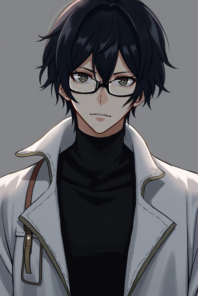 Anime style,man,black hair,glasses,lab coat,black theme