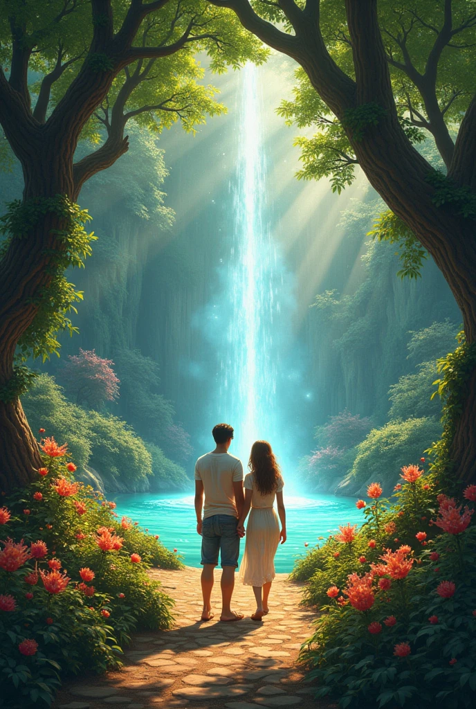 Pedro and Laura arrived at the Garden of Wishes. The place was more magnificent than they imagined., with flowers that sang and trees that danced to the sound of the wind. In the center of the garden there was a luminous fountain