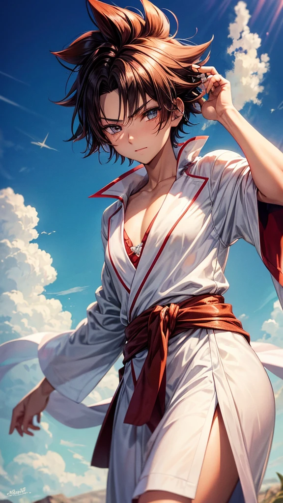 Create a sophisticated.anime of a 12 year old ager, with short hair in the mohawk style, scar not nose, clear eyes, wearing loose-fitting, earth-toned robes, with a mischievous look