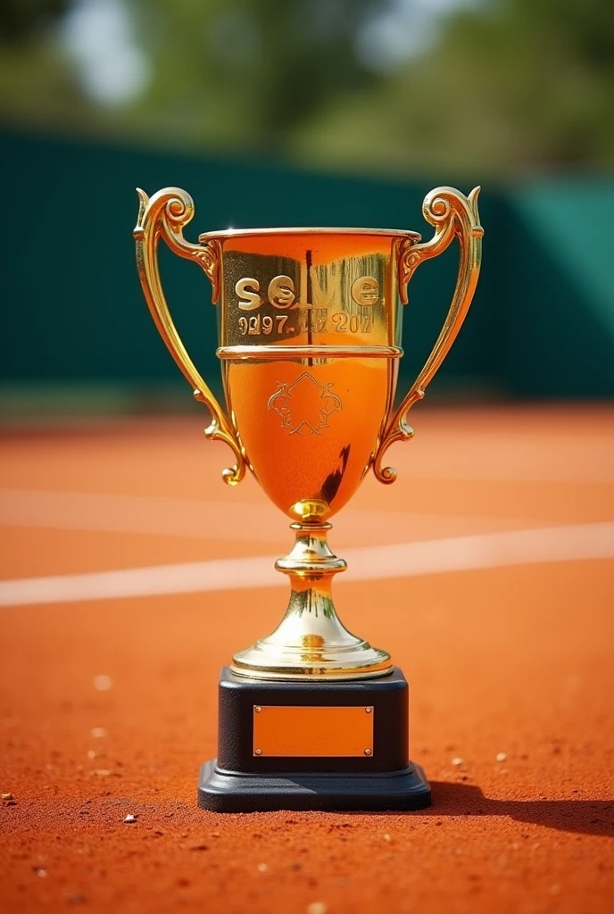 tennis court, clay, clay, Golden Trophy, save the date written behind the trophy.