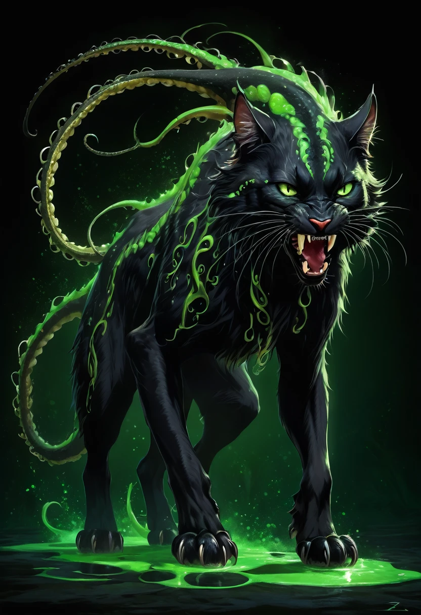 score_9, score_8_up, score_7_up, intricate details, rating_safe, prowling, feral furry, feline, lithe, slender, six legs, two large toothed tentacles, large fangs, hostile, black fur, green eyes, full body, side view, black background:2, ral-chrosc-clr,