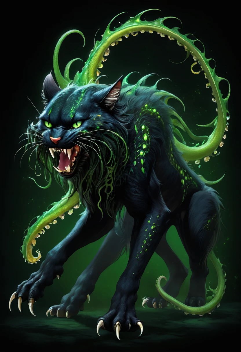 score_9, score_8_up, score_7_up, intricate details, rating_safe, prowling, feral furry, feline, lithe, slender, six legs, two large toothed tentacles, large fangs, hostile, black fur, green eyes, full body, side view, black background:2, ral-chrosc-clr,