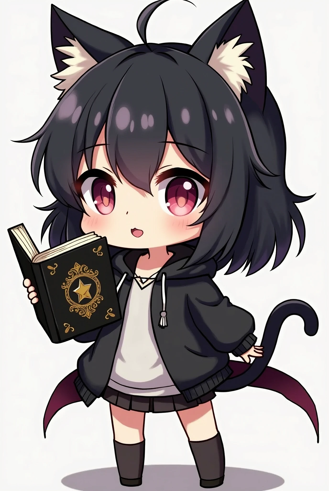 Anime figure of a girl with cat ears, hooded sweatshirt, Anime moe art style, demon slayer rui fanart, chibi!!! Catgirl, Chibi Anime Girl, black-haired magician with black open magic book with decorations in one hand, Anime-Chibi, anime Catgirl, Mihoyo art style, advanced digital chibi art, chibi art, black and white clothing