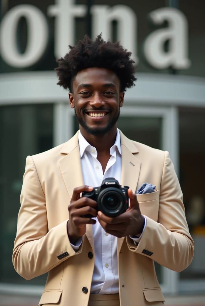 Un garçons noir avec un costume beige avec un appareil photo et avec un mot Rovatina deriere lui