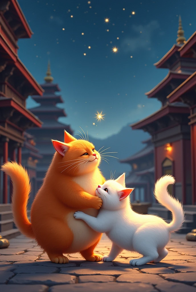 big fat male orange cat and white beautiful female cat would spend evenings chasing shadows and dreaming under the starlit sky, their hearts entwined in a tale of feline affection in bhaktapur durbar square kathmandu