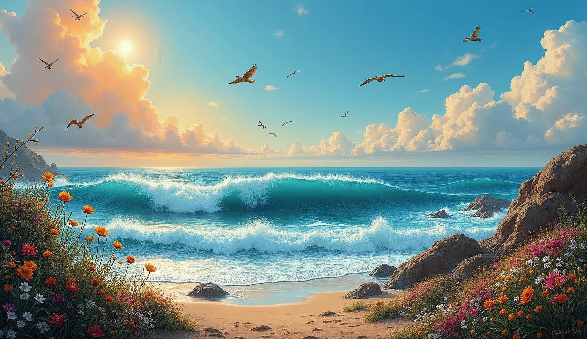 Nature view scene of a beautiful ocean withe big waves, flying birds in the sky, fluffy clouds, orange sky, wild plants, wild flowers, colorful, oil painting, cinematic, wallart, 8k wallpaper