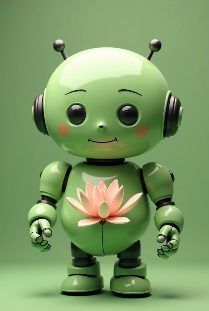 Light green chubby friendly robot with a lotus flower in the palm of its open hand looking straight ahead