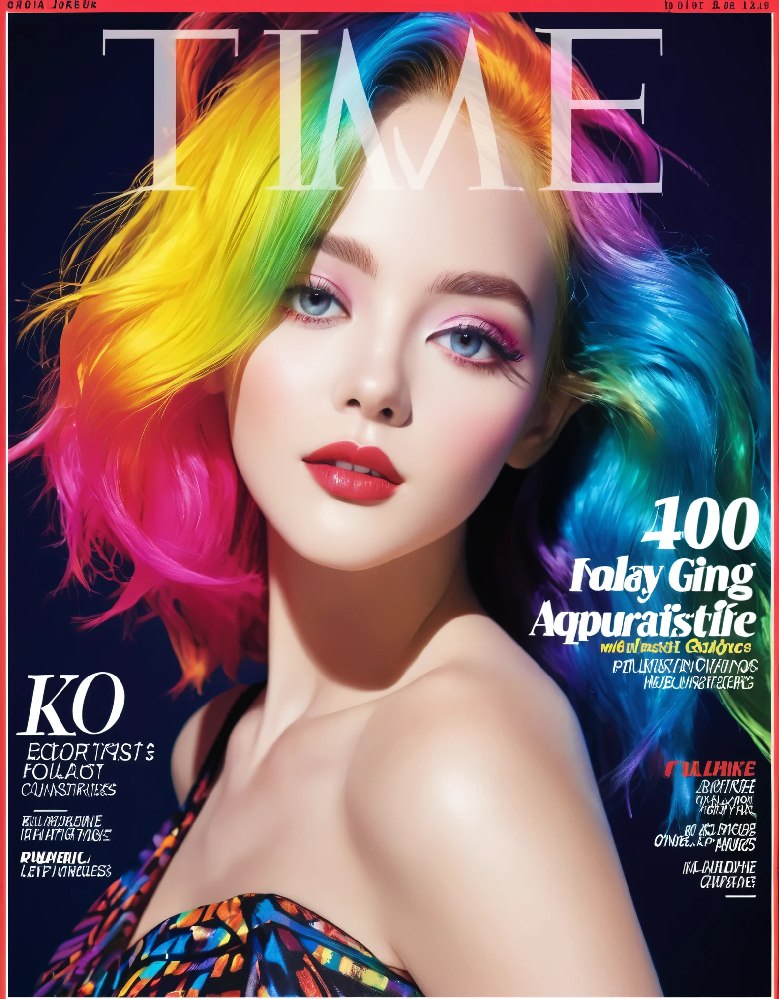 Magazine cover, esthetic, , (A girl with) vibrant colorful hair, Eye-catching pose, Star made up around right eye. Rockstar, stylish clothes, confident smile, Dynamic background, (Haute Couture),(realisti),(studio lighting), (best quality,4K,highres), (portrait), (best quality,4K,8k,highres,​masterpiece:1.2),Ultra-detail,(realisti,photorealisti,photo-realisti:1.37), glossy finish, bright colours, captivating design, Professional models,  Fashion Forward, Avant-garde style, innovative concepts, influential personalities, Trend-setting fashion, detailed articles, thought-provoking content, Modern lifestyle, cultural influence, timeless charm, stylish rockstar accessories, glamorous photo shoots, international appeal, Diverse perspectives, High-Fashion-Editorials, Exclusive interviews, first-class journalism, exquisite craftsmanship, visual storytelling, captivating cover story, captivating images, iconic fashion brands, Avantgardistisches Make-up, luxurious fabrics, elegant patterns, High quality printing, sophisticated layout, Trendprognose, inspiring pictures, breathtaking artistic direction, Required reading.