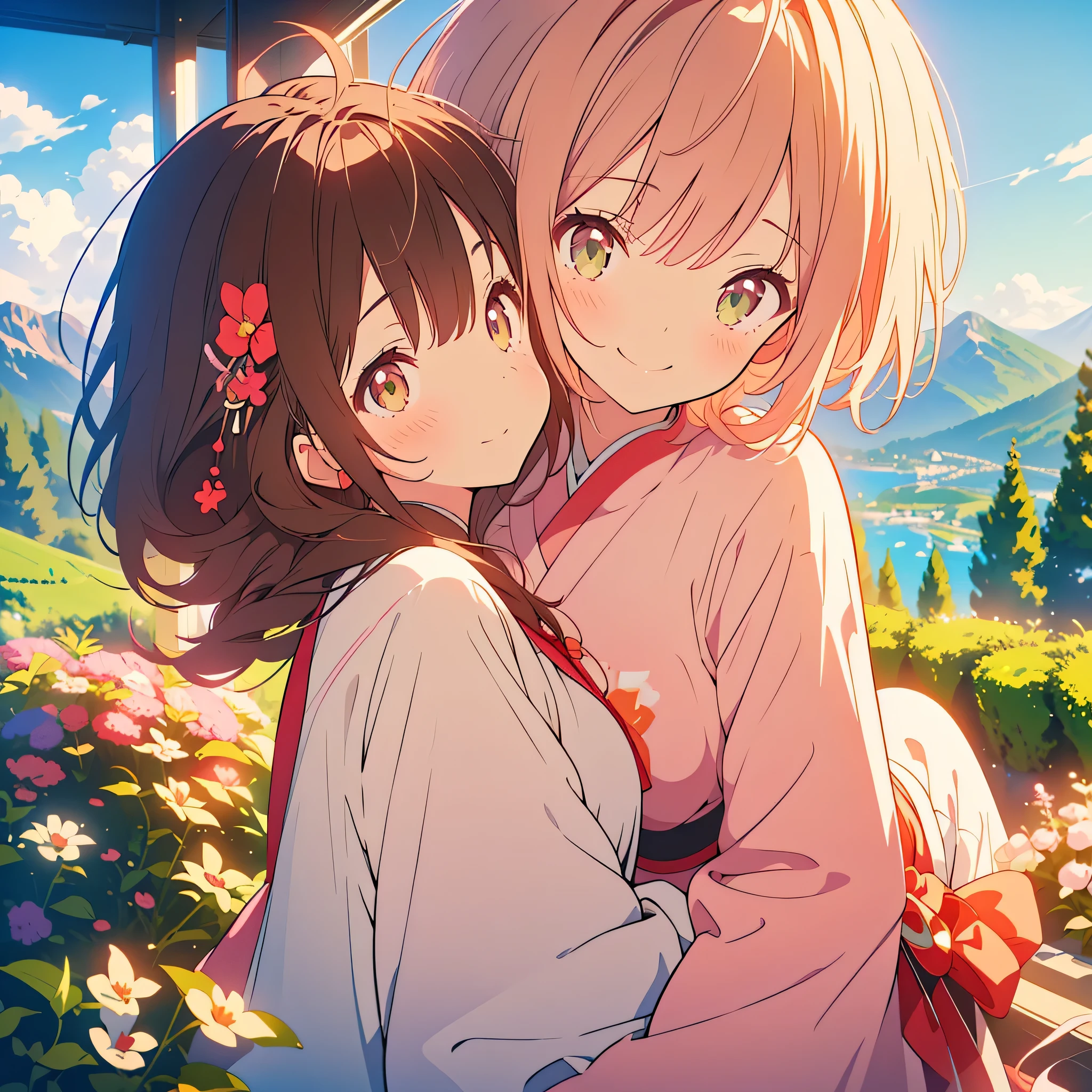 kawaii, anime, Cute, hyper quality, highly detailed, 8k, Clarity, Draw facial expressions in detail, A young girl with short light pink hair and scarlet eyes., swiss plateau, alps mountains, rainbow, daytime, clear sky, Girl with long dark brown hair and green eyes, good friends, marriage, smile, (Let me stay by your side for the rest of my life, stay by my side for the rest of my life, and do my best to never leave you), confession,