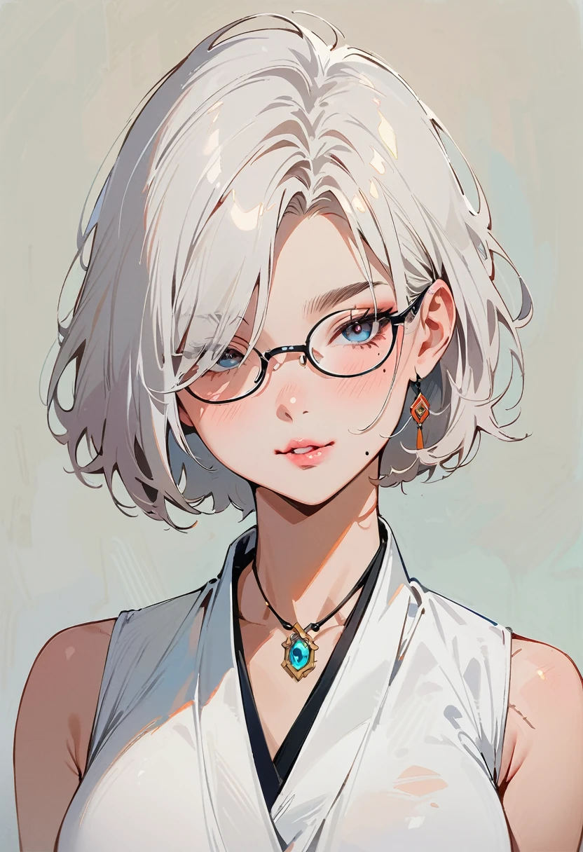 (masterpiece, best quality:1.4), 1 girl, 独奏, Anime style, Dark gray pupils, Blurred eyes, Pouting and smiling, Head slightly down, Black-rimmed glasses, Large scars on the face, Large scars, Right tear mole, Gray bald head,, Super short hair, Simple accessories, Styles of Top Portrait Artists, large breasts, White vest, White air coming out of mouth, Vision, Gray background.