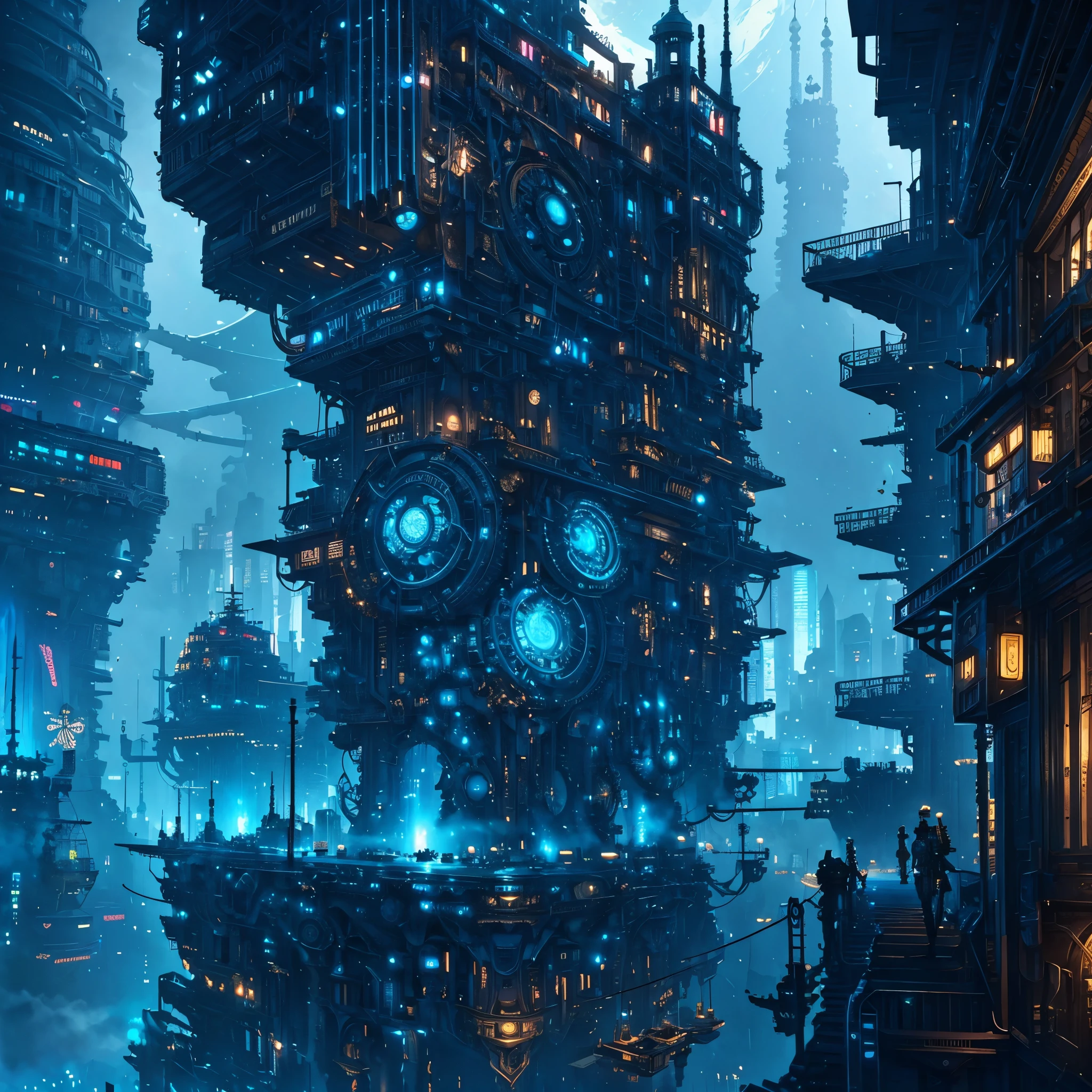 gears are attached to the sides of a building in a futuristic city, concept art by Mike "Beeple" Winkelmann, cgsociety contest winner, retrofuturism, ancient steampunk city, golden steampunk city atmosphere, in steampunk cityscape, steampunk city, a steampunk city, victorian steampunk mega city, steampunk city background, in a steampunk distopian city, digital steampunk art