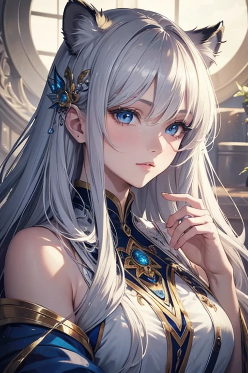 Masterpiece, highest quality, very detailed, official art, beautiful: 1.2), beautiful, (1 beautiful girl), copyright, alone, perfect face, A beautiful, ethereal character with long, flowing silver hair and tiger ears. She has blue eyes, close up, half-body