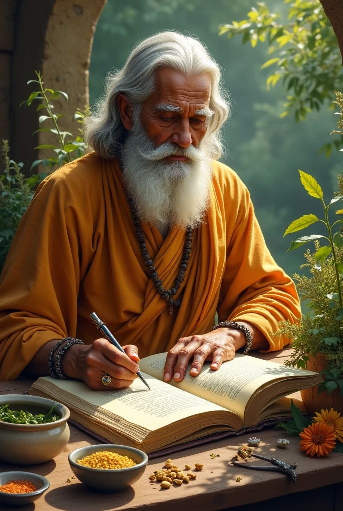 An old ayurveda acharya writing medicinal herbs of ayurveda with medicinesss around him