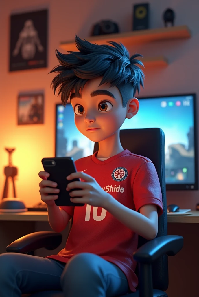 Create 3D animation character 16 year old boy is playing pubg Mobile game mobile in game  room wearing jersey kit number 10 name " abu shide"written on his jersey