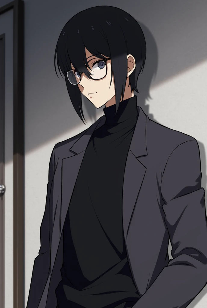 Anime style,man,black hair,glasses,lab coat,black theme