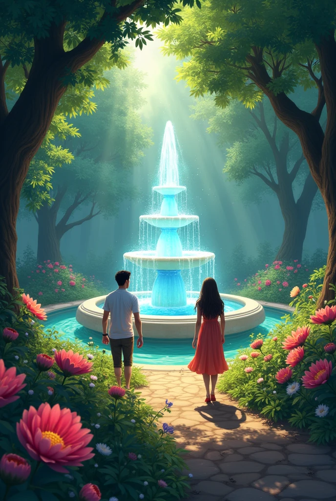 Pedro and Laura arrived at the Garden of Wishes.
The place was more magnificent than they imagined., with flowers that sang and trees that danced to the sound of the wind.
In the center of the garden there was a luminous fountain