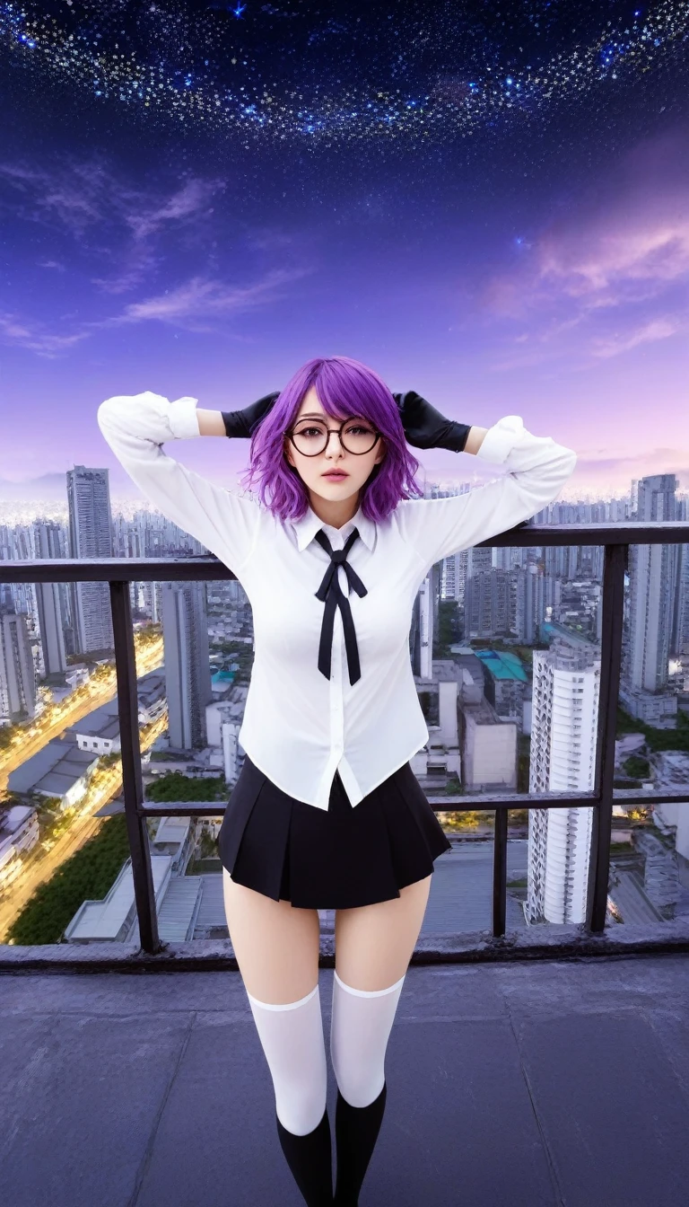 masterpiece, Best Quality, very aesthetic, absurdities, 1 girl, maduro_Agitate,,1 girl, Kafka \(Honkai: star rail\), Honkai \(series\), purple hair, glasses on head, old, purple eyes, by the wide, shirt, gloves, large old, white shirt, Sunglasses,On the roof of a tall building,Frontground of sparkling stardust,fancy,sparkling,Fireflies,from above